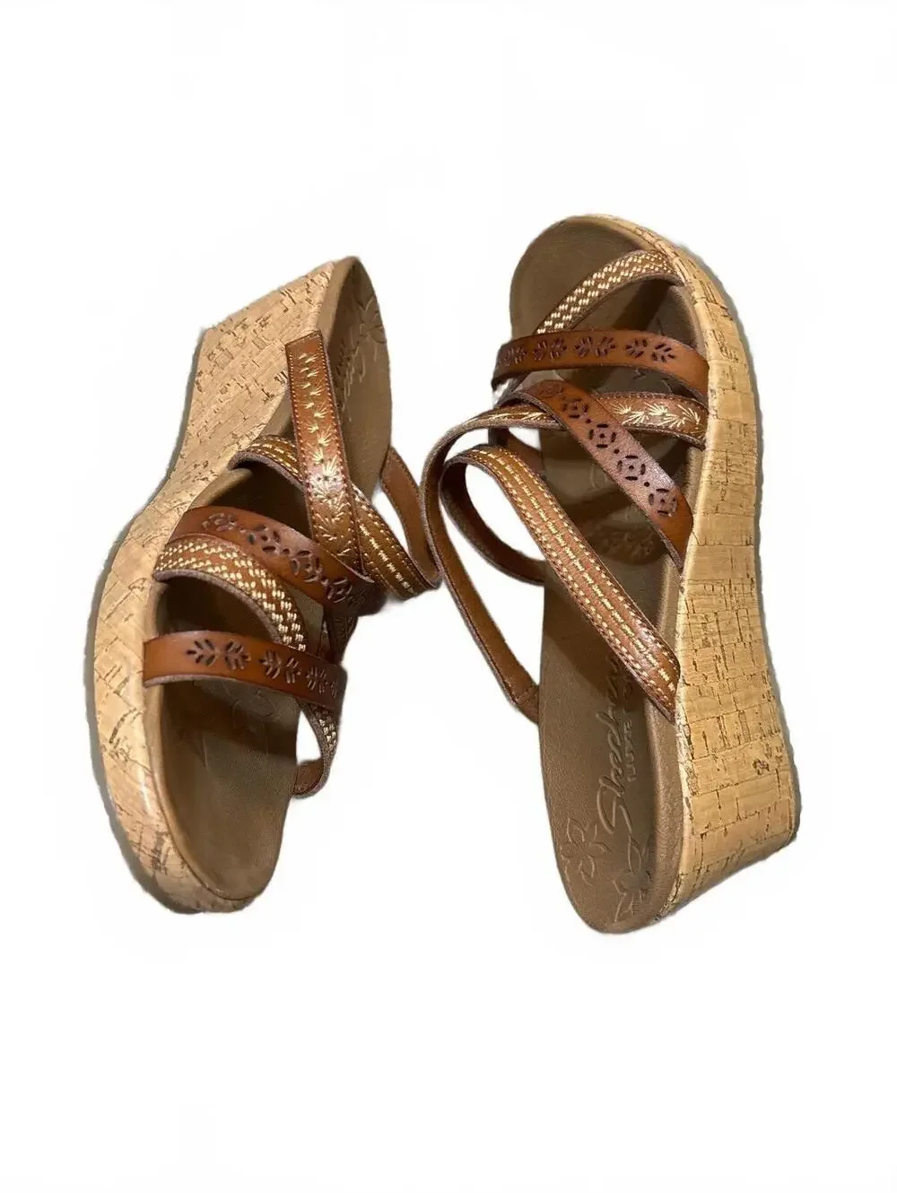Skechers Cali Beverlee Tiger Posse Wedge Sandals Luxe Foam Strappy Brown US 8